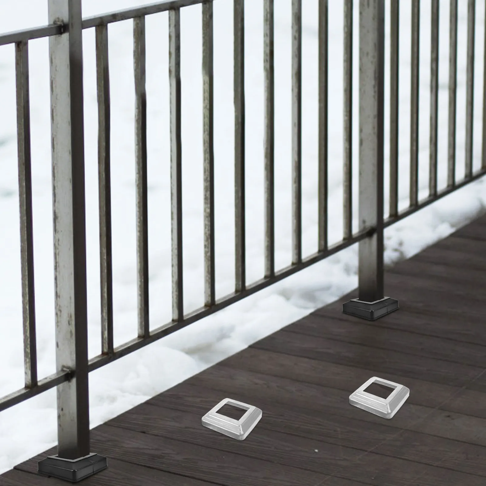 4Pcs Steel Railing Post Skirt Column Wrap Fence Post Cover Decorative Metal Skirt for Porch Deck Balcony Stairs Guardrail