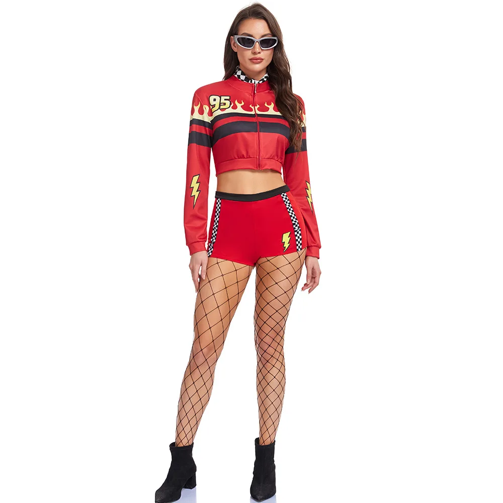 2026 Women's Sexy Race Car Driver Costume Red Lightning Print Crop Top Bra Shorts with Jacket Halloween Cosplay Party Clubwear - view 2