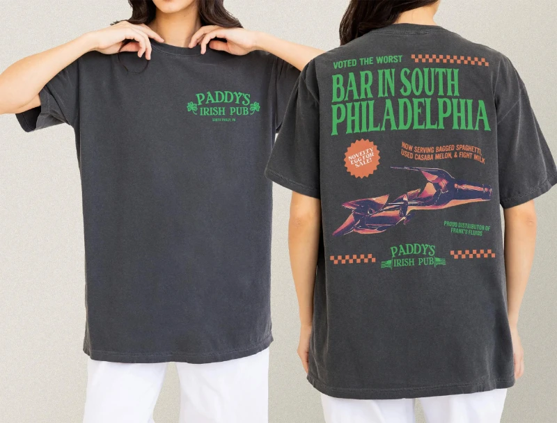 Paddy's Pub T-Shirt, Front Back It's Always Sunny in Philadelphia TV Show Merch Apparel, Funny Irish Bar St. Patrick's Day