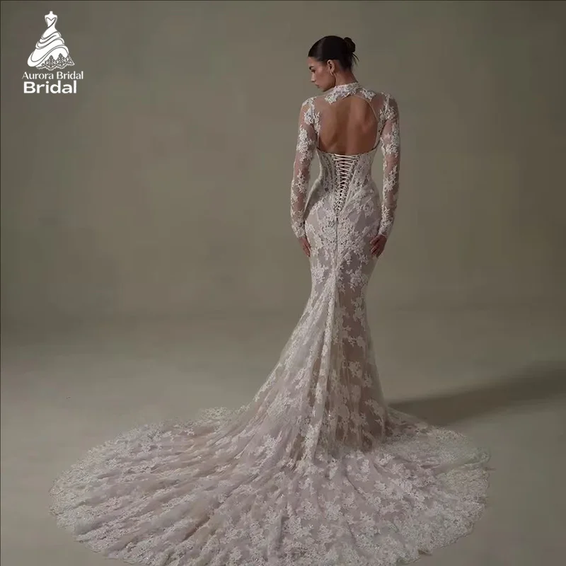 أورورا خمر الدانتيل حورية البحر فستان الزفاف مثير ذوي الياقات العالية كم طويل الزفاف PartryGown عارية الذراعين فستان عروس مخصص