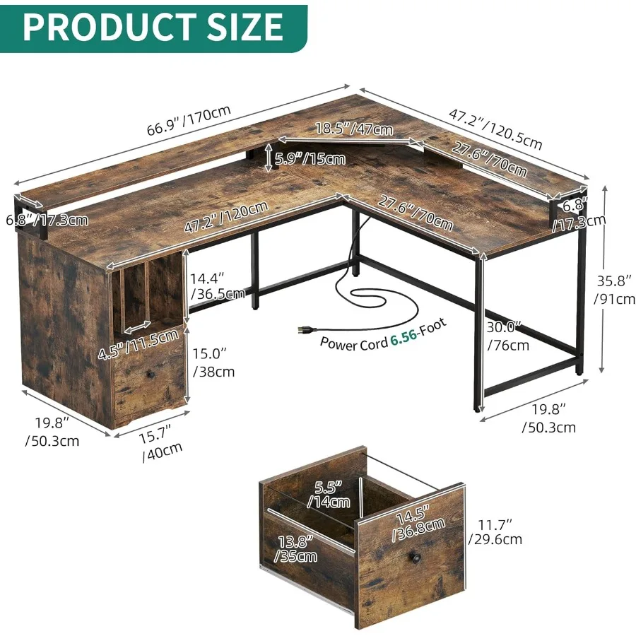 مكتب على شكل حرف L مع منافذ طاقة مدمجة وإضاءة LED محيطة لإعداد المكاتب المنزلية ومحطة عمل كمبيوتر زاوية 67 بوصة F