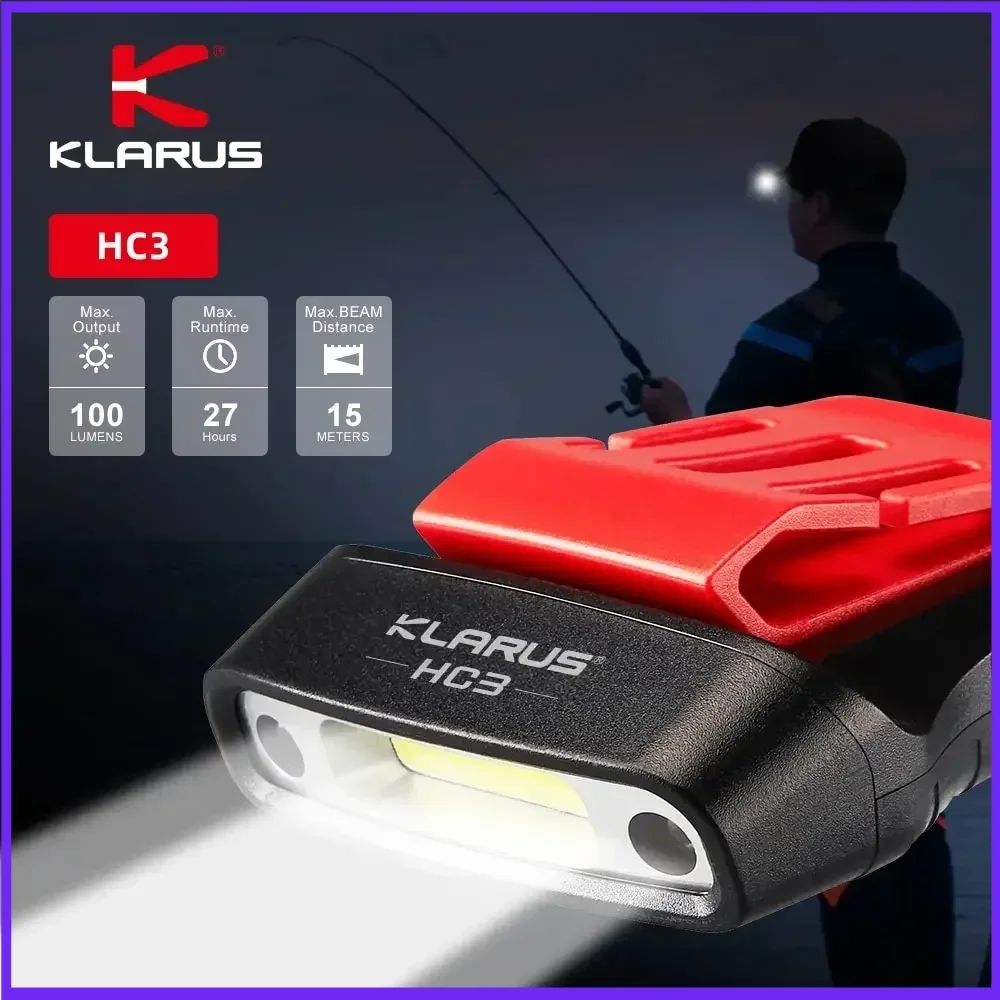 Klarus HC3 แบบชาร์จไฟได้ COB ไฟหน้า USB ไฟฉาย 100lm คลิปบนหมวก Light Motion Sensor ไฟหน้าสําหรับตกปลา Camping