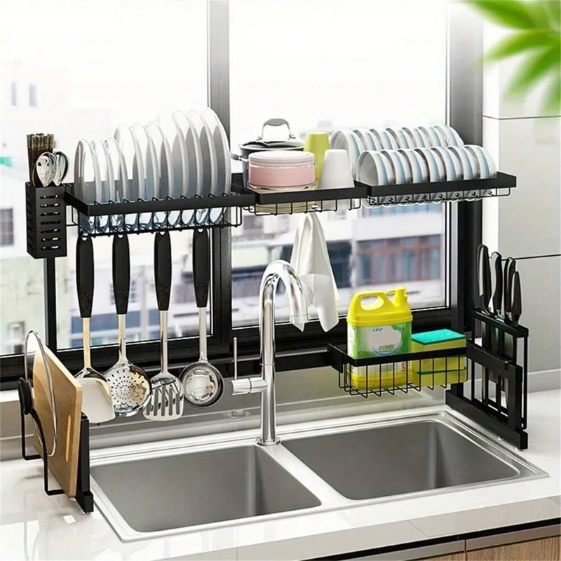 Over The Sink Dish Drying Rack Snap-On 2 Tier Large Dish Holder Stainless Steel with Pots and Pans Rack