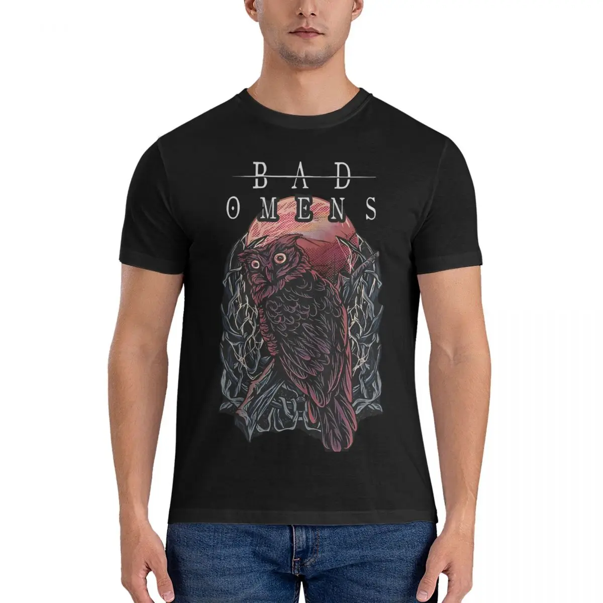 Amazing Owl Gaze T-Shirts for Men Crewneck Cotton T Shirts Bad Omens Short Sleeve Tee Shirt 6XL Clothing