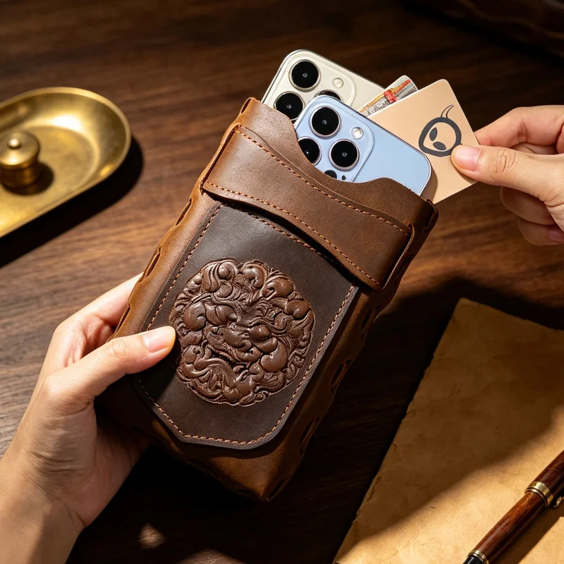 Genuine Leather Men'S Waist Bag Casual Belt Pouch Double Phone Case Crazy Horse Jockey Fanny Pack Vintage Motorcycle Bags