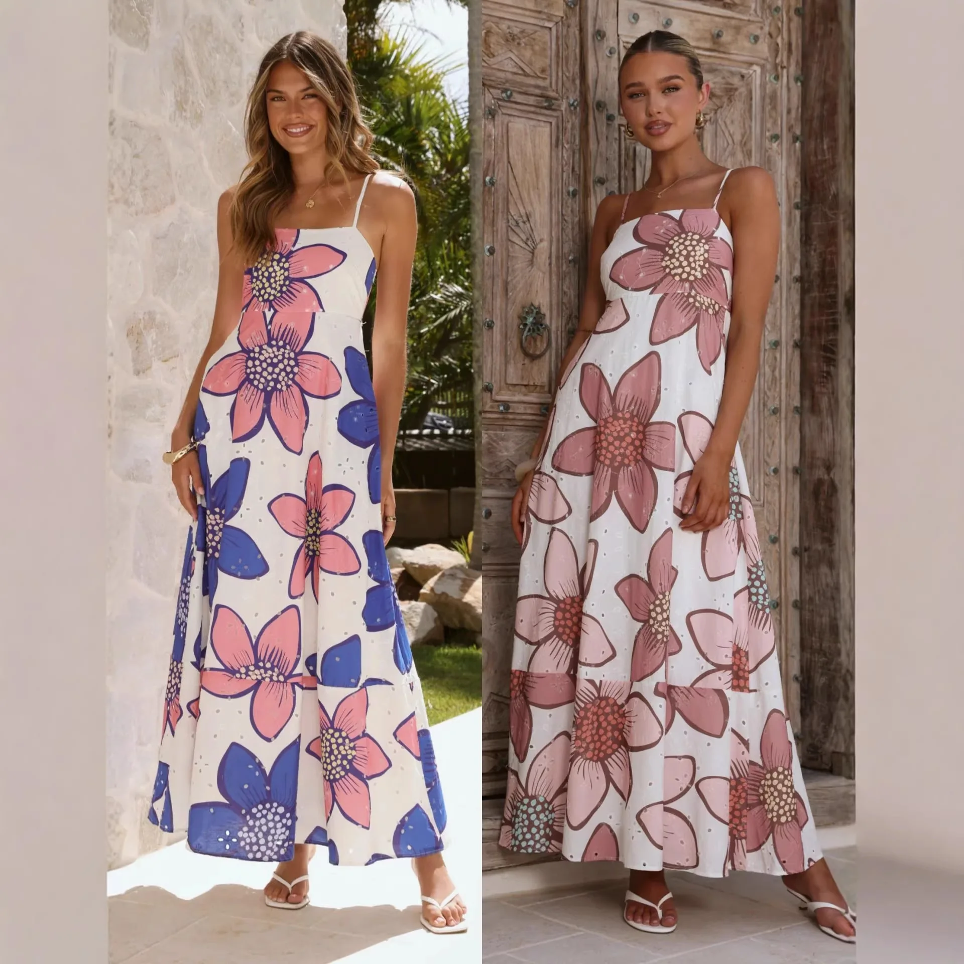 

2026 New European and American Cross-border Casual Vacation Style Hollow-out Printed Camisole Dress