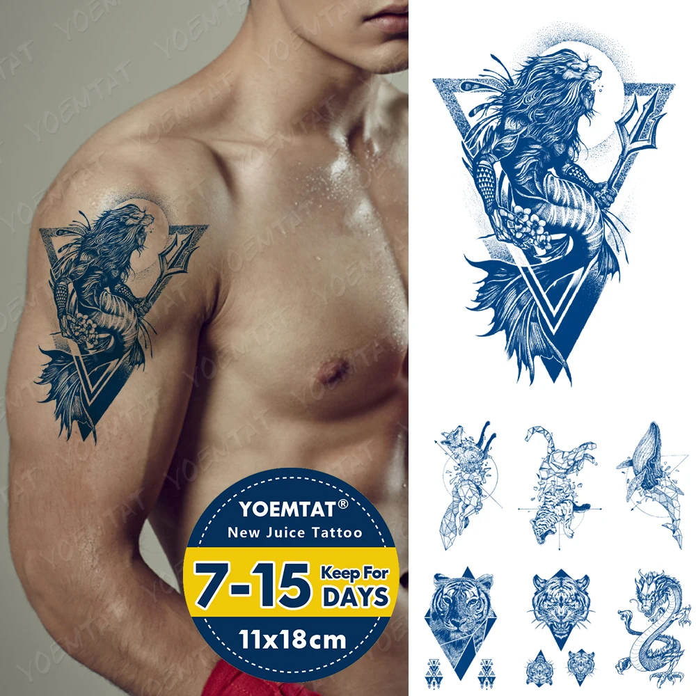 

Blue Lasting Ink Juice Waterproof Temporary Sticker Poseidon Fox Tiger Dragon Whale Body Fake Tatoo Men Women Everink Tattoos 3D