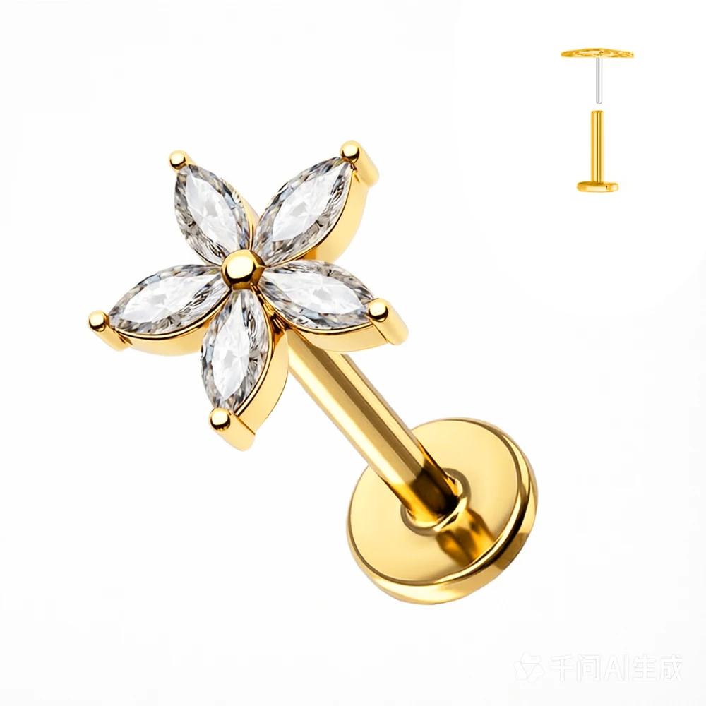 1 Stück Schmetterlings-Herz-Anhänger Piercing-Ohrringe G23 Titan Flache Rückseite Push-In Blumen-Labret-Stud Tragus Knorpel Körperschmuck – Detail 9