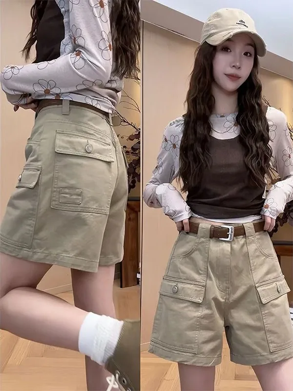 American Streetwear Workwear Shorts Women's Summer 2026 New Multi-Pocket Slimming plus Size Straight Leg Pants