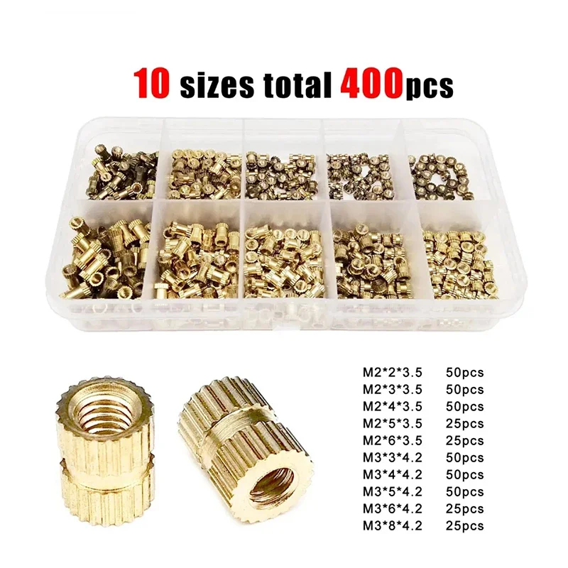 1 Box Total 400pcs Injection Molding Knurl Insert Nut Embedded Nutsert Assortment Kit Set 10 Mix Size M2 M3 Solid Brass Copper