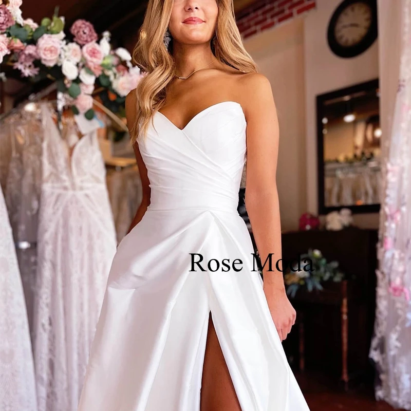 Rose Moda Simple Satin Wedding Dresses with High Slit Destination Bridal Gown Custom Make