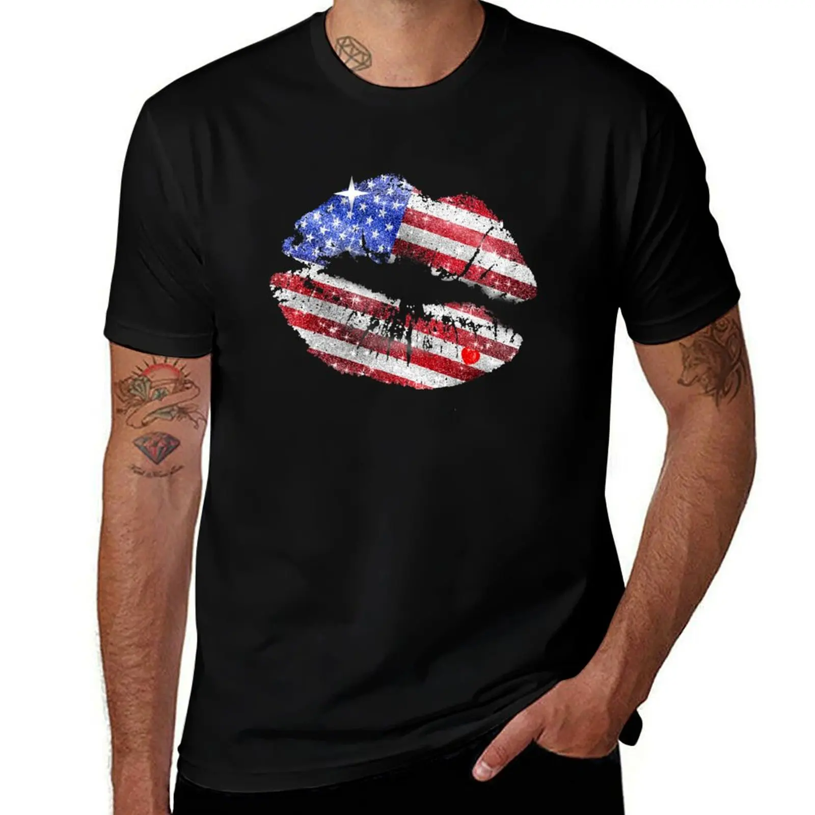 USA Flag Makeup Lipstick Kiss Mark American Girl Glitter T-Shirt Festive Simple T-Shirt