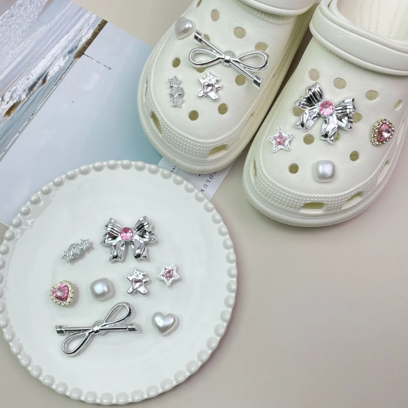 

New Y2K Pink Heart & Bow Shoe Charms with Rhinestones & Accents Y2K DIY Charm Set Silvery-Colored Plastic Charms Xmas Gifts