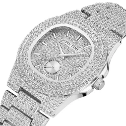 PINTIME Luxury Men's Watches Waterproof 30M Fashion Quartz Wristwatch Iced Out Diamond Case Bling Business Stainless Steel Reloj