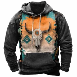 New retro men's pullover sweatshirt with cow head pattern, daily sports streetwear designer, spring and autumn clothing hoodie