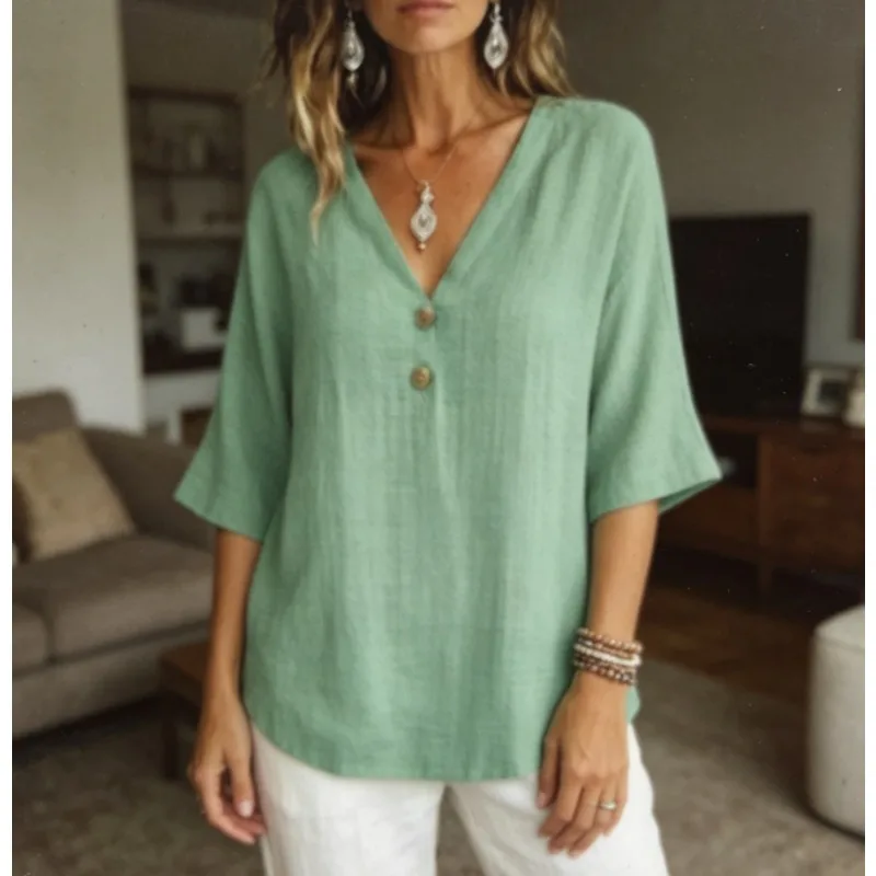 

Summer European and American v-neck button loose top T-shirt cotton and linen 2026 new independent station