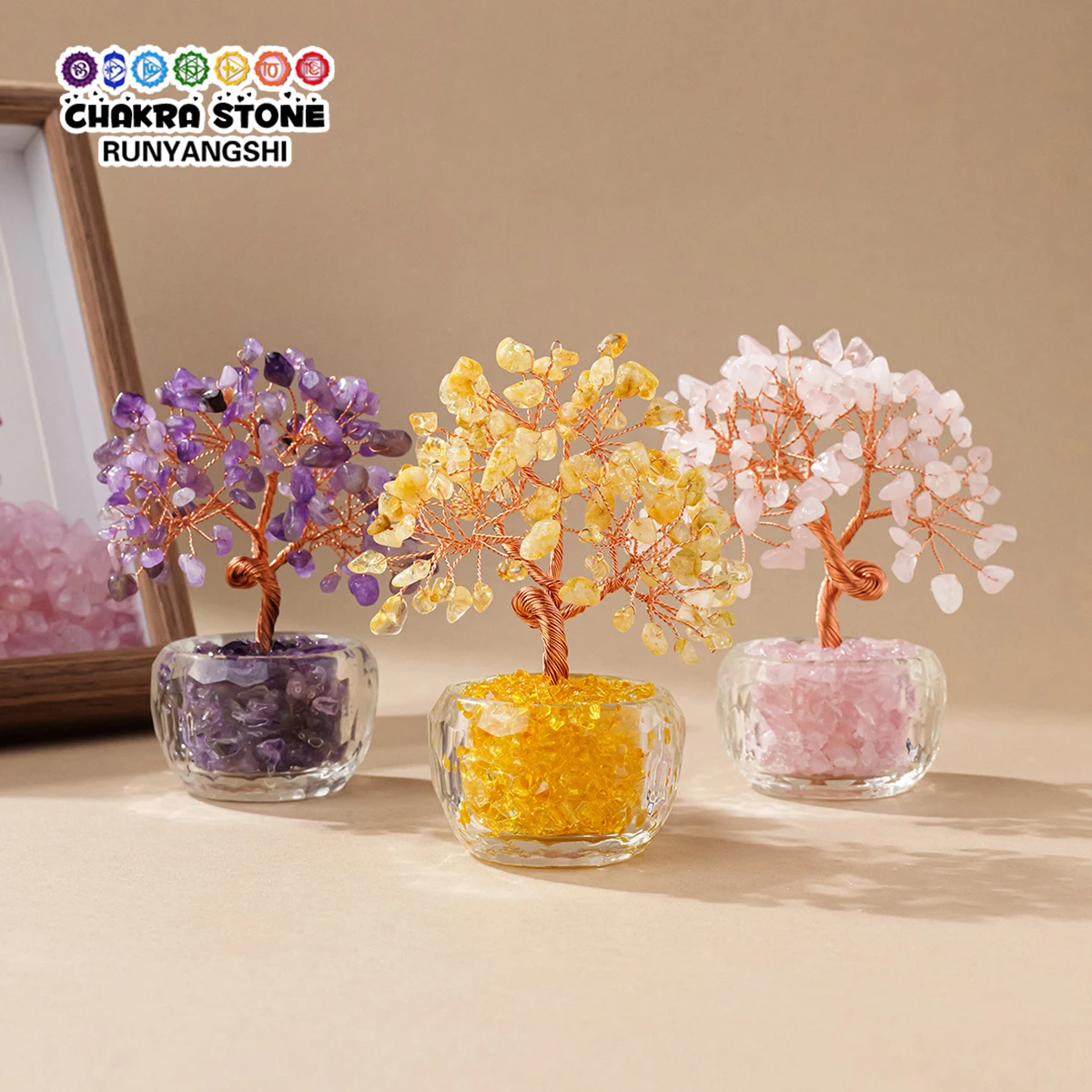 1PC Natural Crystal Rose Quartz Amethyst Gravel Flower Tree Glass Base Home Office Desk Decor Ornament Christmas Halloween Gift