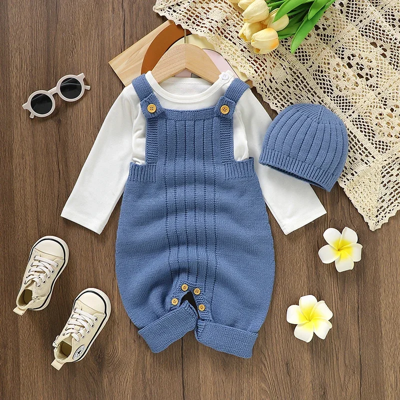 Baby Romper Knitted Infant Boy Girl Jumpsuit Sleeveless Newborn Kid Sling Clothes Hat 2PCS 0-18M Overalls Fashion Solid Playsuit