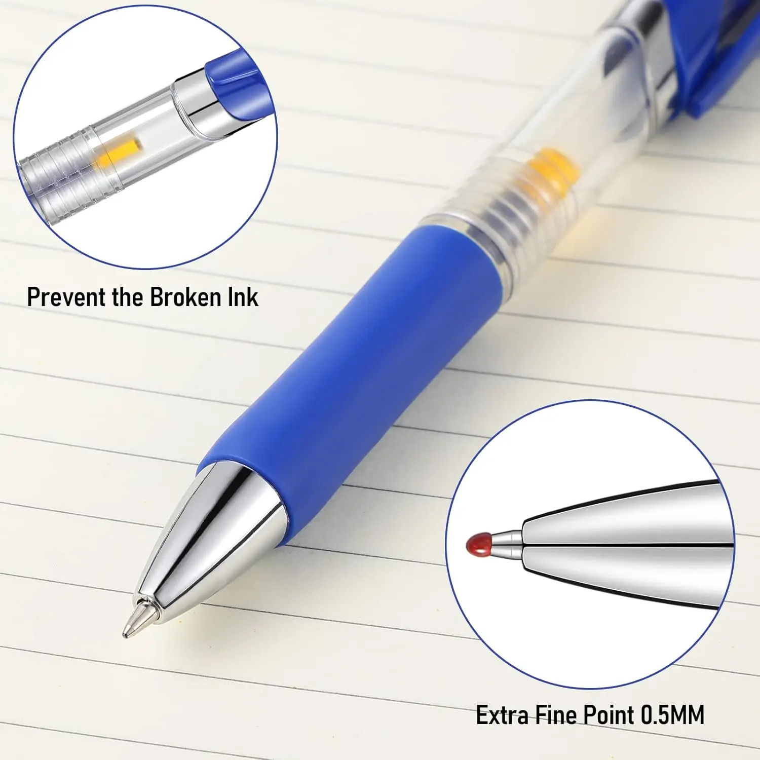 

12pcs Classic Black/Blue/Red Gel Pens,0.5mm Metal Tip Retractable Ballpoint Gel Pen,Comfortable Grips,Smooth Writing for School