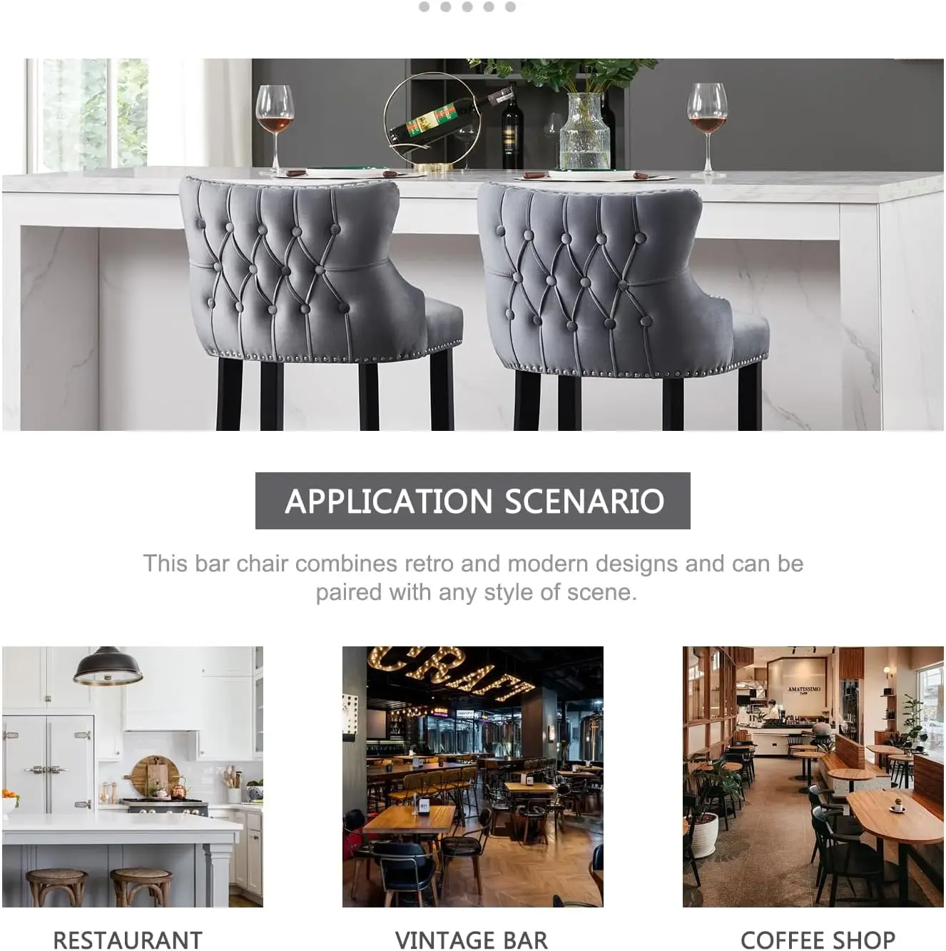 مجموعة من 4 مقاعد بارتفاع مخملية معنقدة مع مسند ظهر ومقاعد خشبية منجدة لجزيرة المطبخ وتناول الطعام والمقهى وP