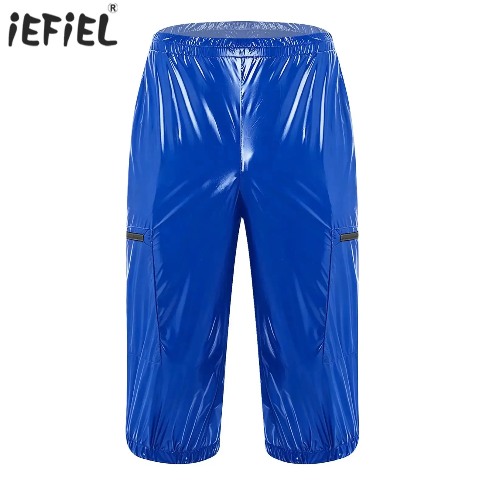 

Мужские блестящие шорты-карго с множеством карманов на молнии, глянцевые водонепроницаемые брюки, комбинезоны с эластичным поясом, укороченные брюки-капри, клубная одежда