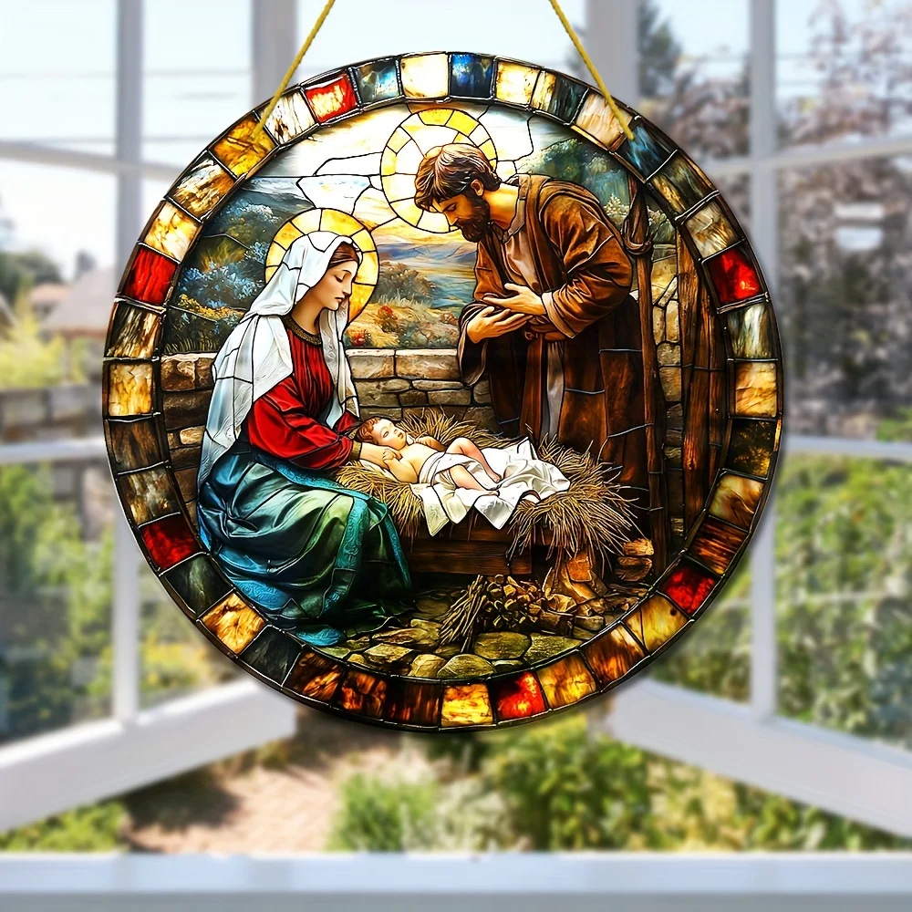 Jesus Comes Suncatcher Nativity Scene Acrylic Sun Catcher Wall Hanging Christmas Decorative Sign & Plaque Gift for Family Friend