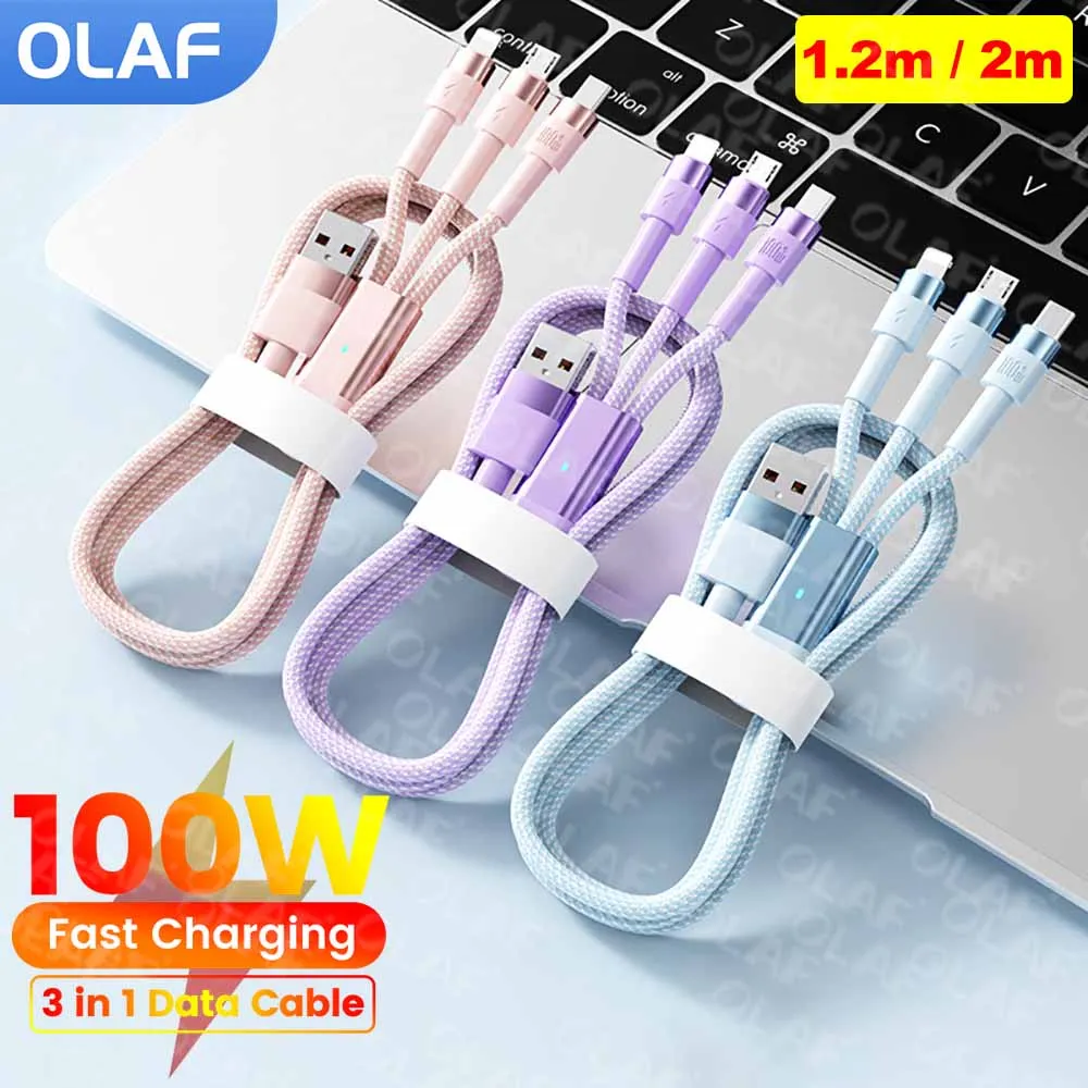 

3 in 1 100W Fast Charging Cable 3A USB To Lightning Type C Micro Data Cable For iPhone 15 16 Samsung Xiaomi Pad Charging Cable