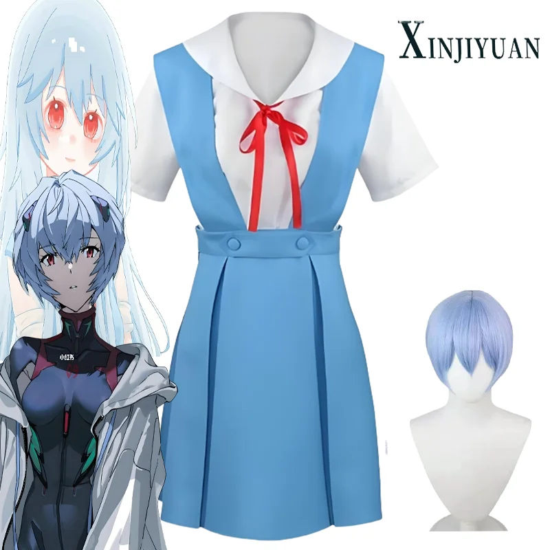 Anime Ayanami Rei Cosplay Costumes Wig Dress School Uniform  Halloween Comic Con Black White Socks Skirt Suit New Evangelion