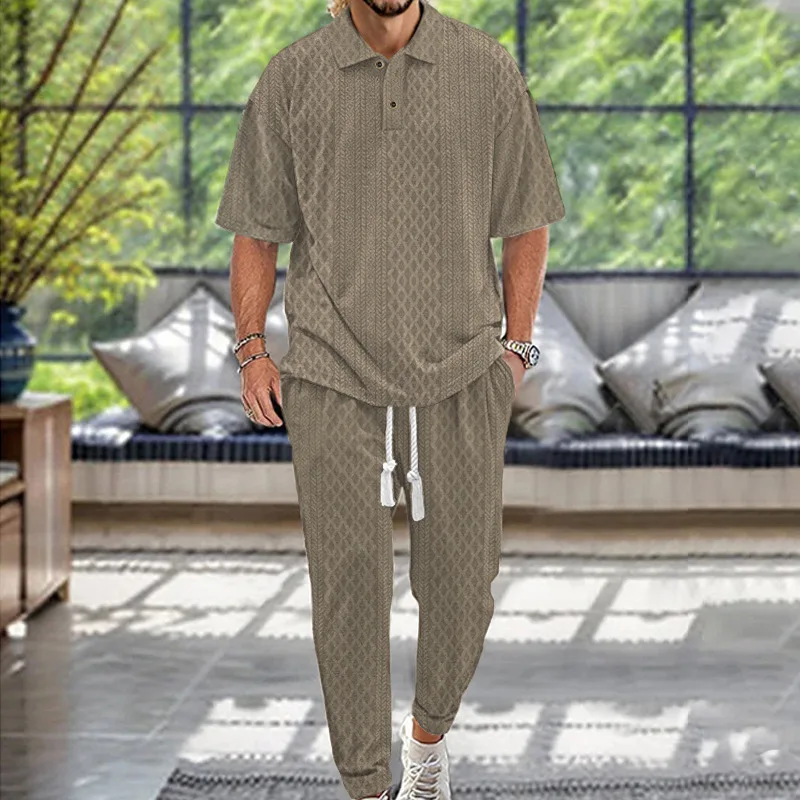 

2025 Spring Summer Europe and the United States Men's Casual Pants Lapel Heavy Jacquard Knitted Top Plus Size Suit Sports Suit
