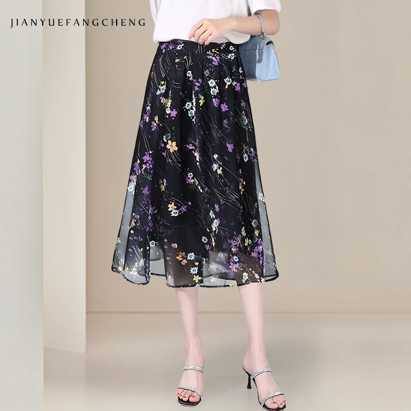 

Fashion Floral Printed Black Chiffon Skirt Women Spring Summer High Waist A-line Tulle Skirts Big Swing Flowing Casual Skirts