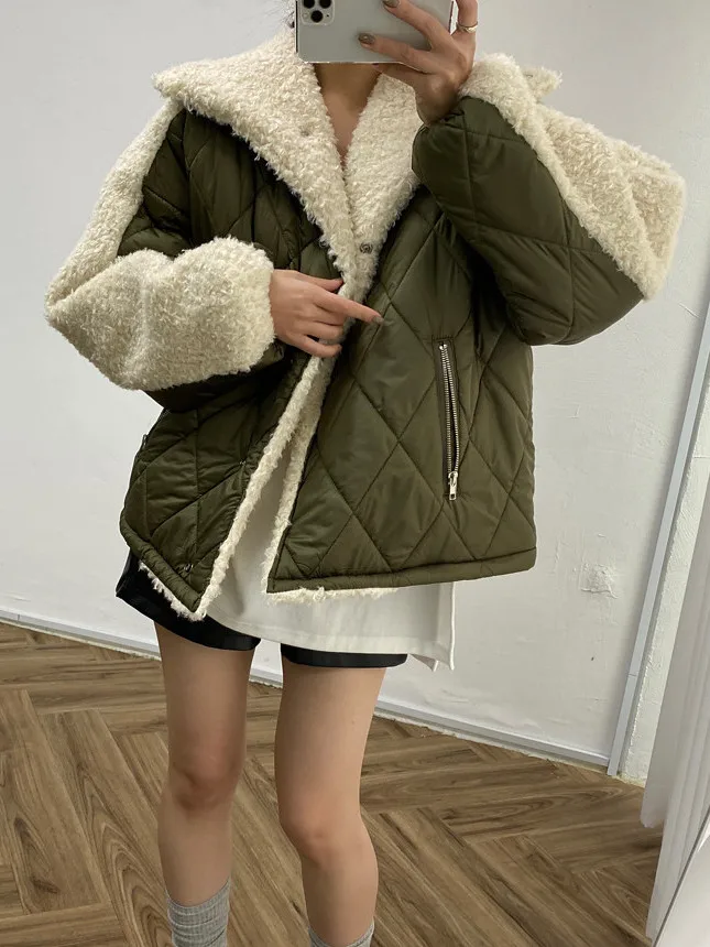 Otoño Invierno piel de cordero empalme algodón Jaet mujeres diseño suelto versátil ropa de abrigo cálida abrigo de moda