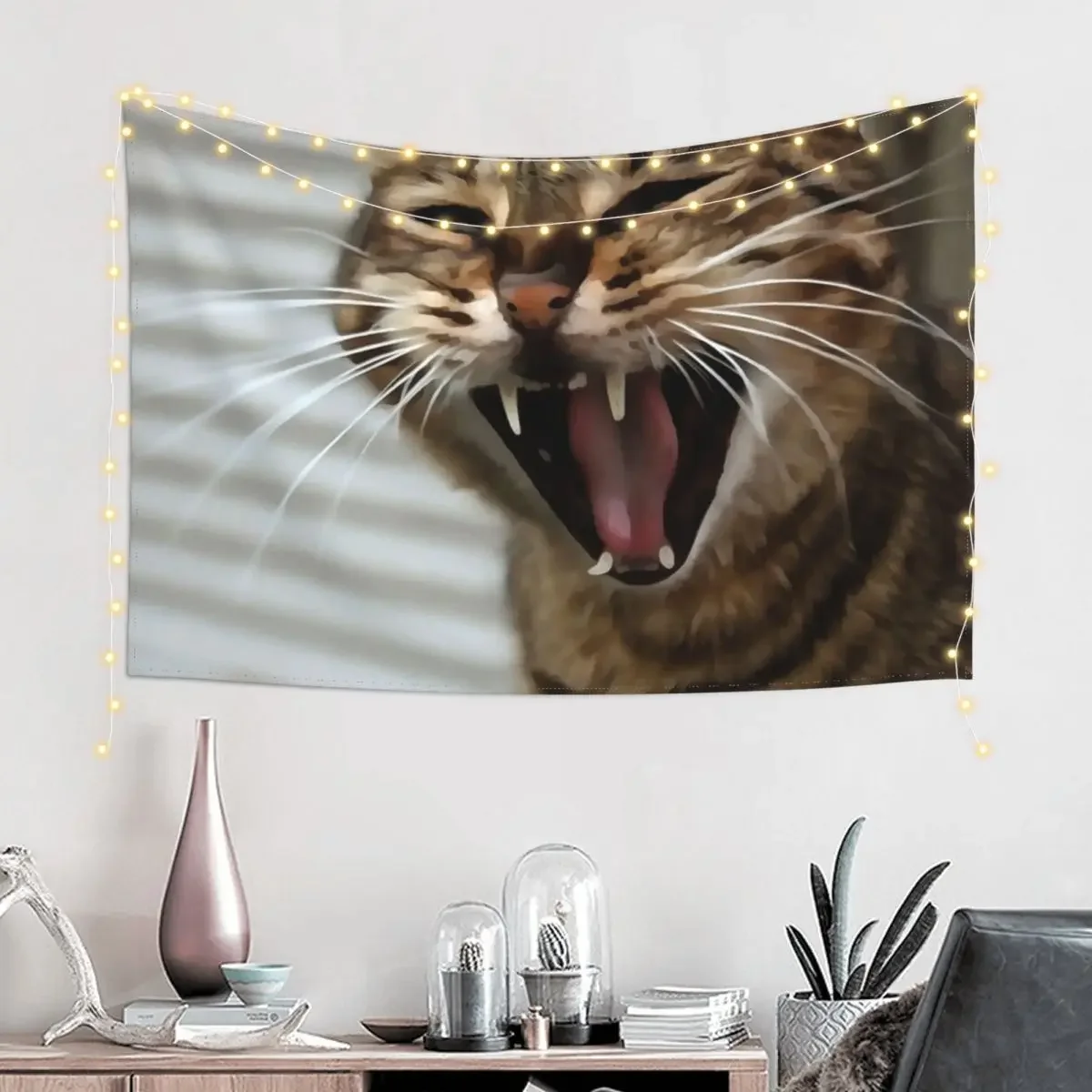 Tabby Cat Yawning Artistic Portrait Tapestry Wall Coverings Bedroom Decor Kawaii Room Decor Tapestry