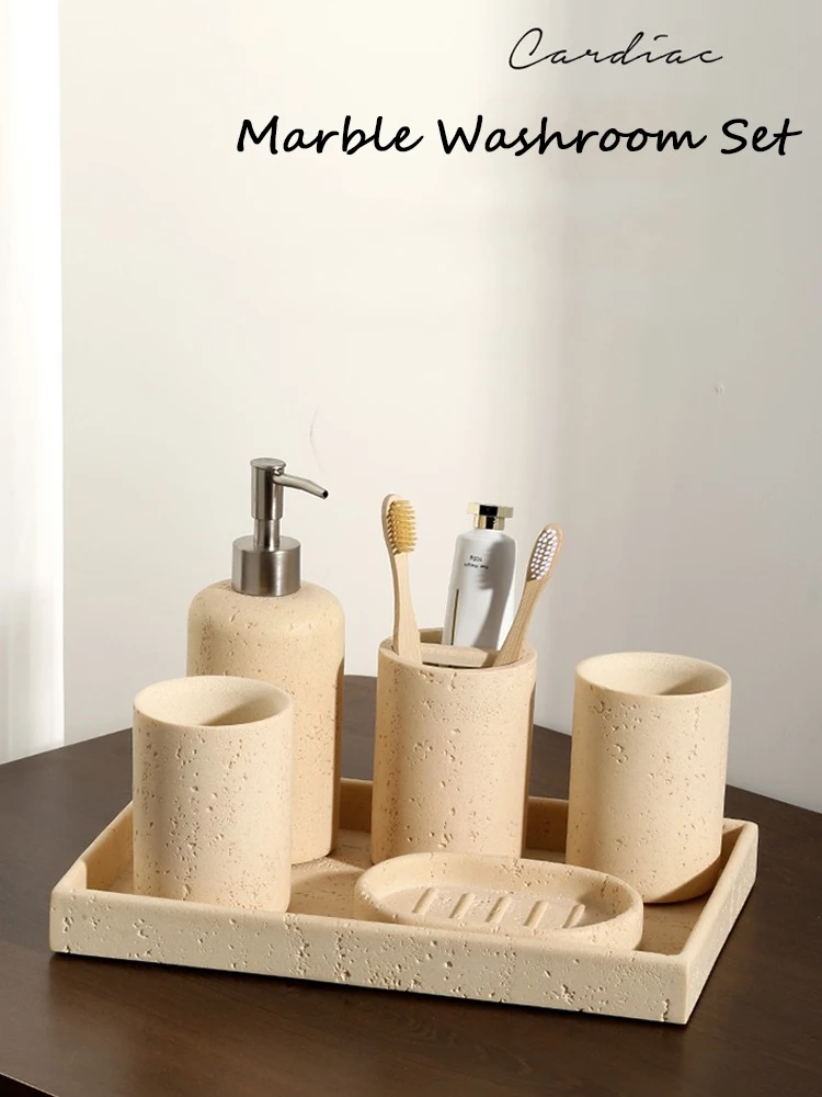 Wabi sabi Style Natural Marble Wash Set Electric Toothbrush Holder Soap Tray Bathroom Push Bottle Kitchen Storage Home Decor