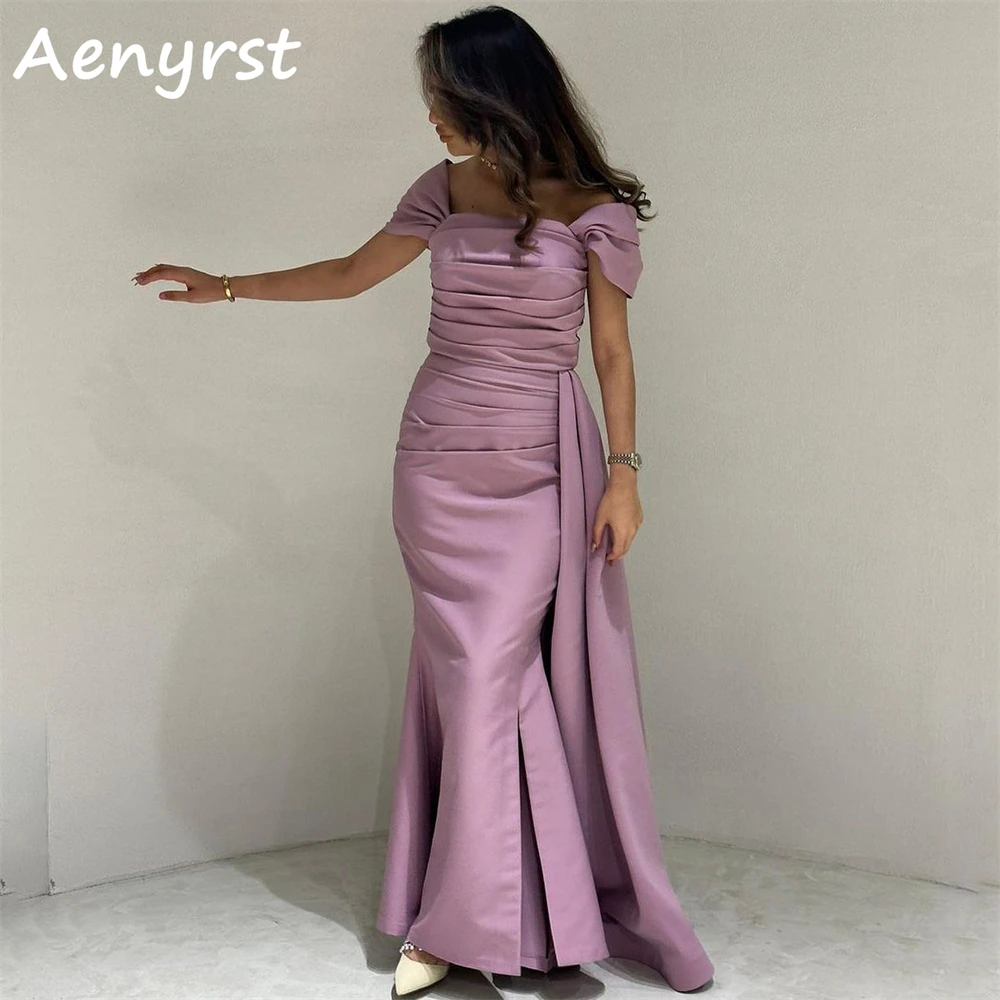 

Aenyrst Purple Off Shoulder Satin Prom Dresses Mermaid Pleat Boat Neck Evening Gowns For Women Floor Length Dinner Party Dress