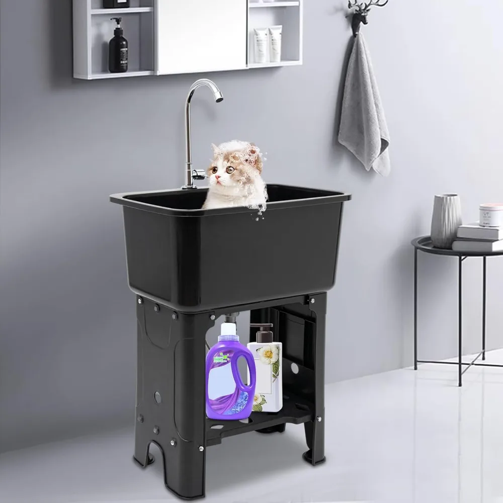 Black Freestanding Outdoor Laundry Sink with Faucet, Washboard, and Storage Shelf for Utility Use