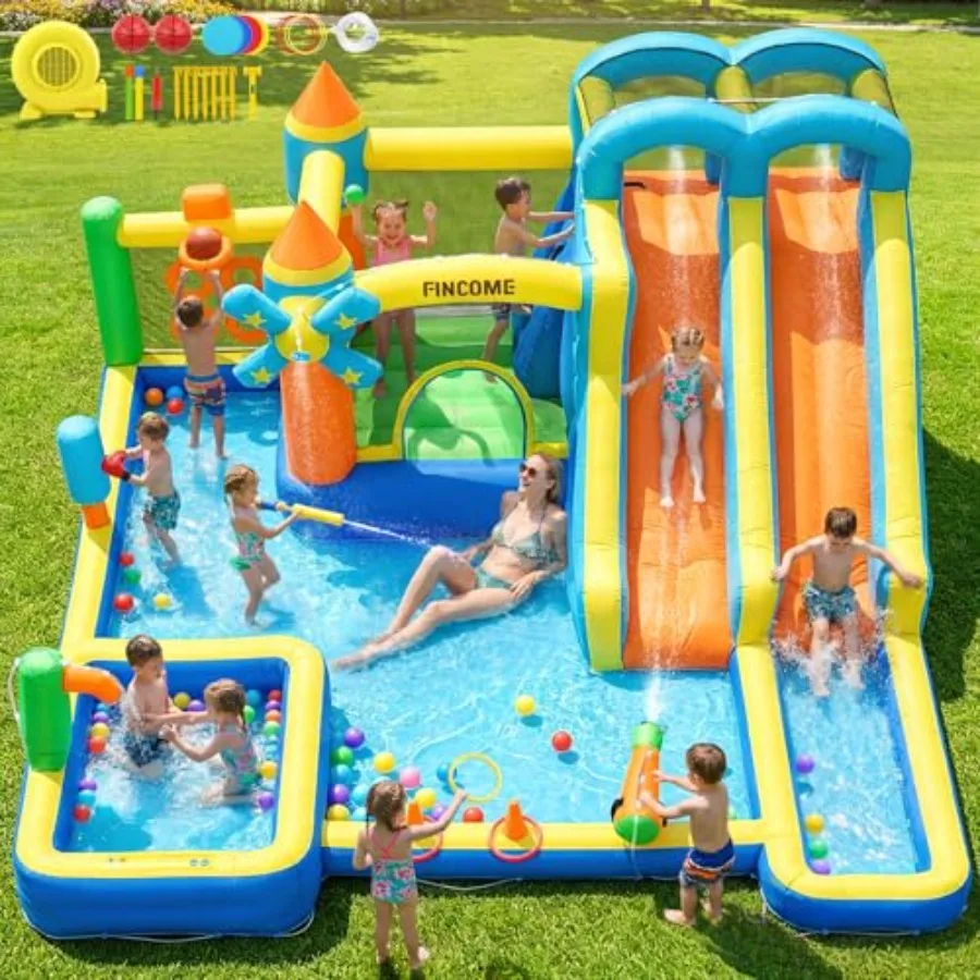 

Bounce House, Inflatable Dual Water Slide, 10 in 1 Inflatable Bounce House for Backyard Water Park with 750W Blower, Climbing W