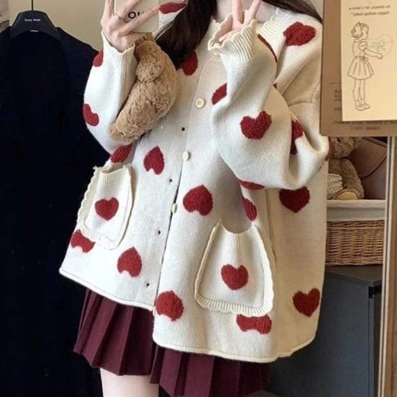 

Large Size Heart-shaped Sweater Jacket for Women Autumn and Winter New Style Atmospheric Knit Cardigan Cute
