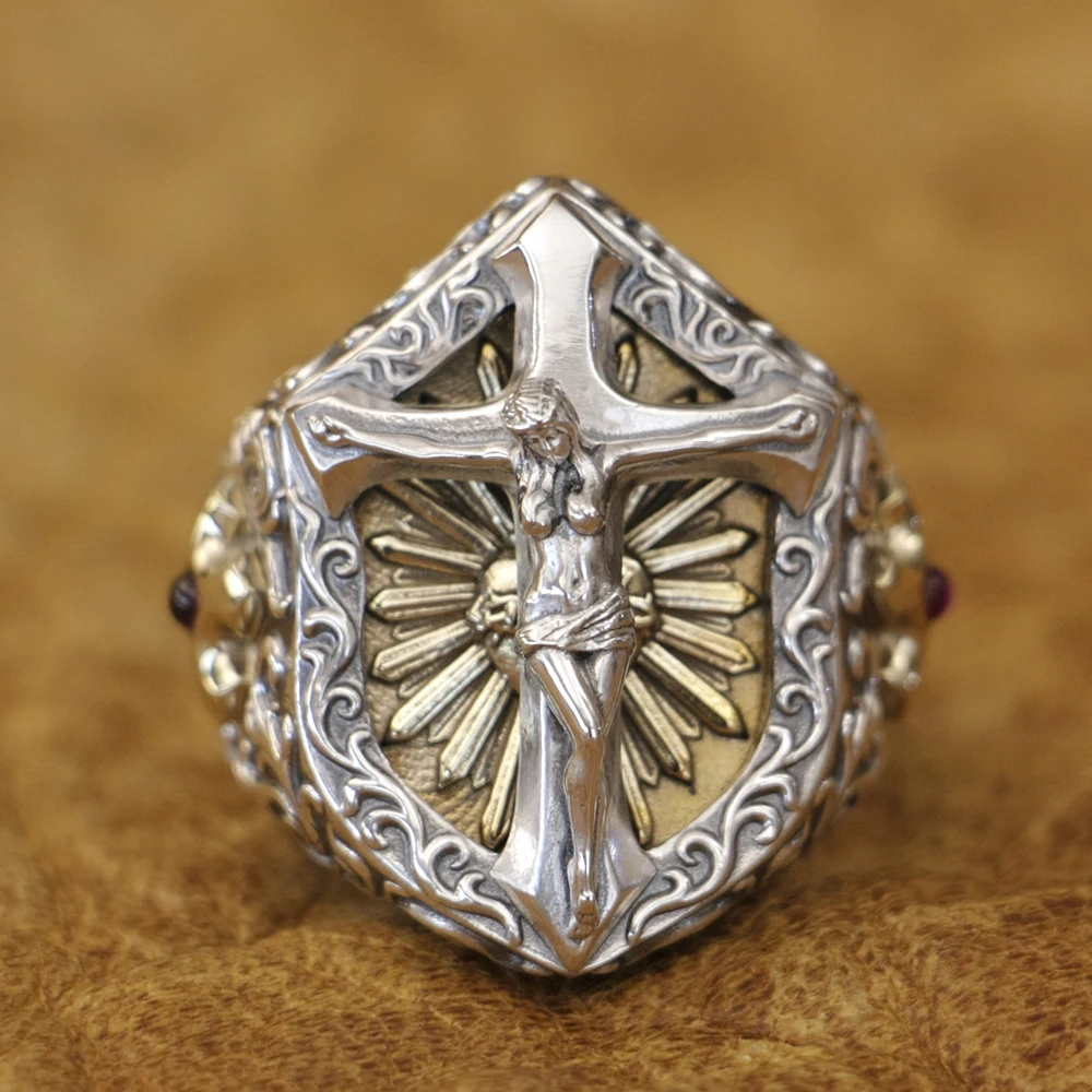 

Кольцо с крестом из стерлингового серебра 925 пробы с латунным щитом TA463, размер США 8 ~ 15