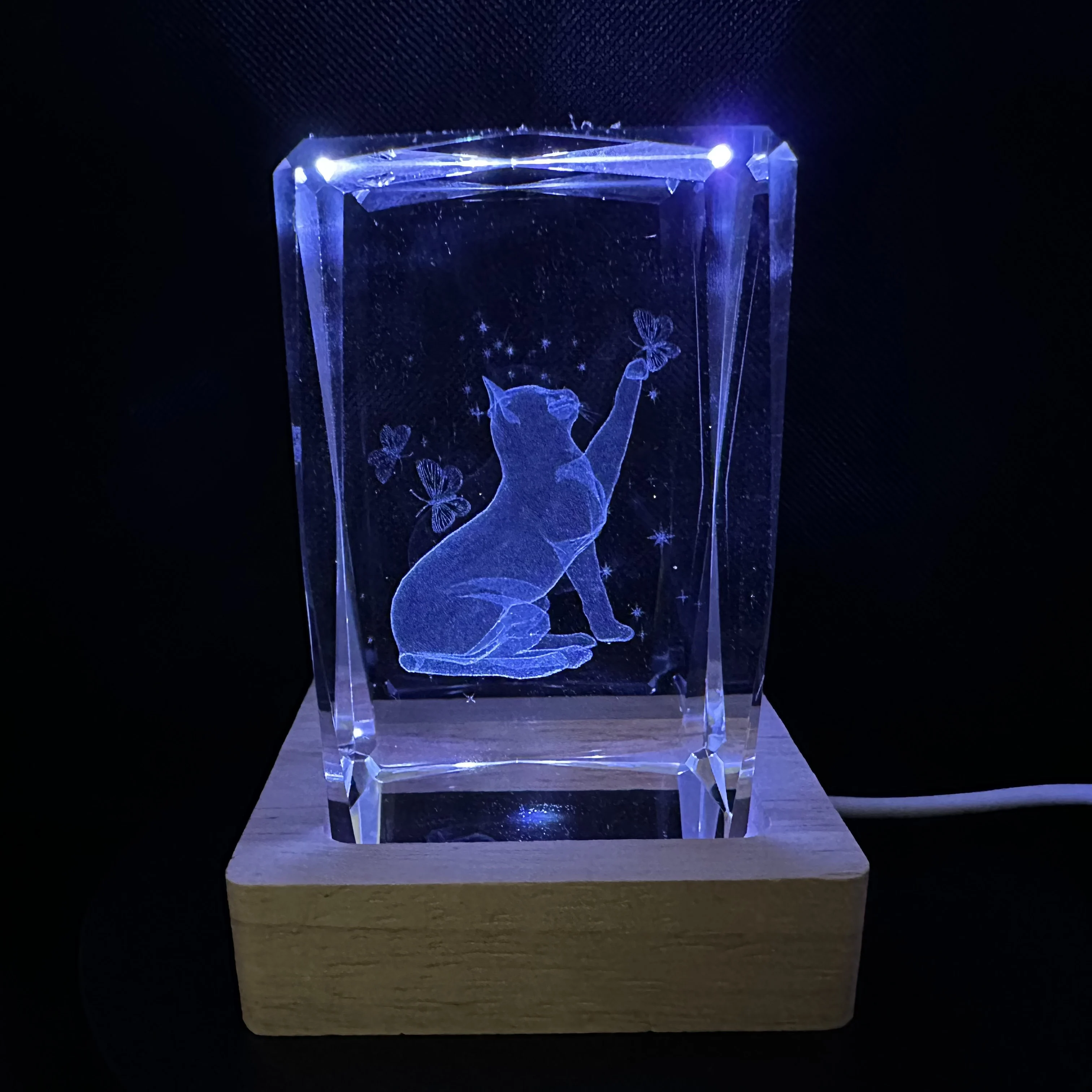 Cat Scratch Butterfly Gift Crystal LED Night Light Strip Base, Glass Decorative Gift, Suitable for Bedroom, Living Room, Birthda