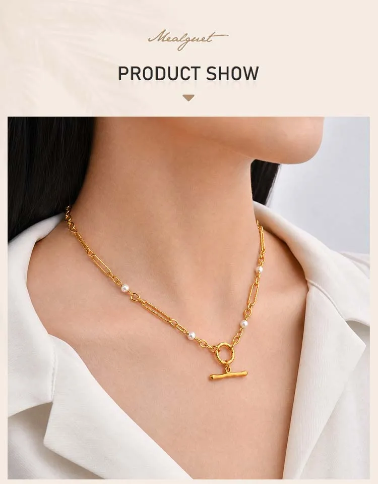 Perlen-Halskette mit Knebelverschluss, 18K IP-vergoldeter Edelstahl, Hypoallergener Büroklammer-Ketten-Schmuck – Detail 1