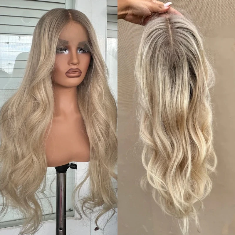 Gorro pequeño de talla grande Rubio degradado Balayage con raíces oscuras peluca 13x4 pelucas frontales de encaje sintético HD pelucas de fiesta Drag Queen para mujer