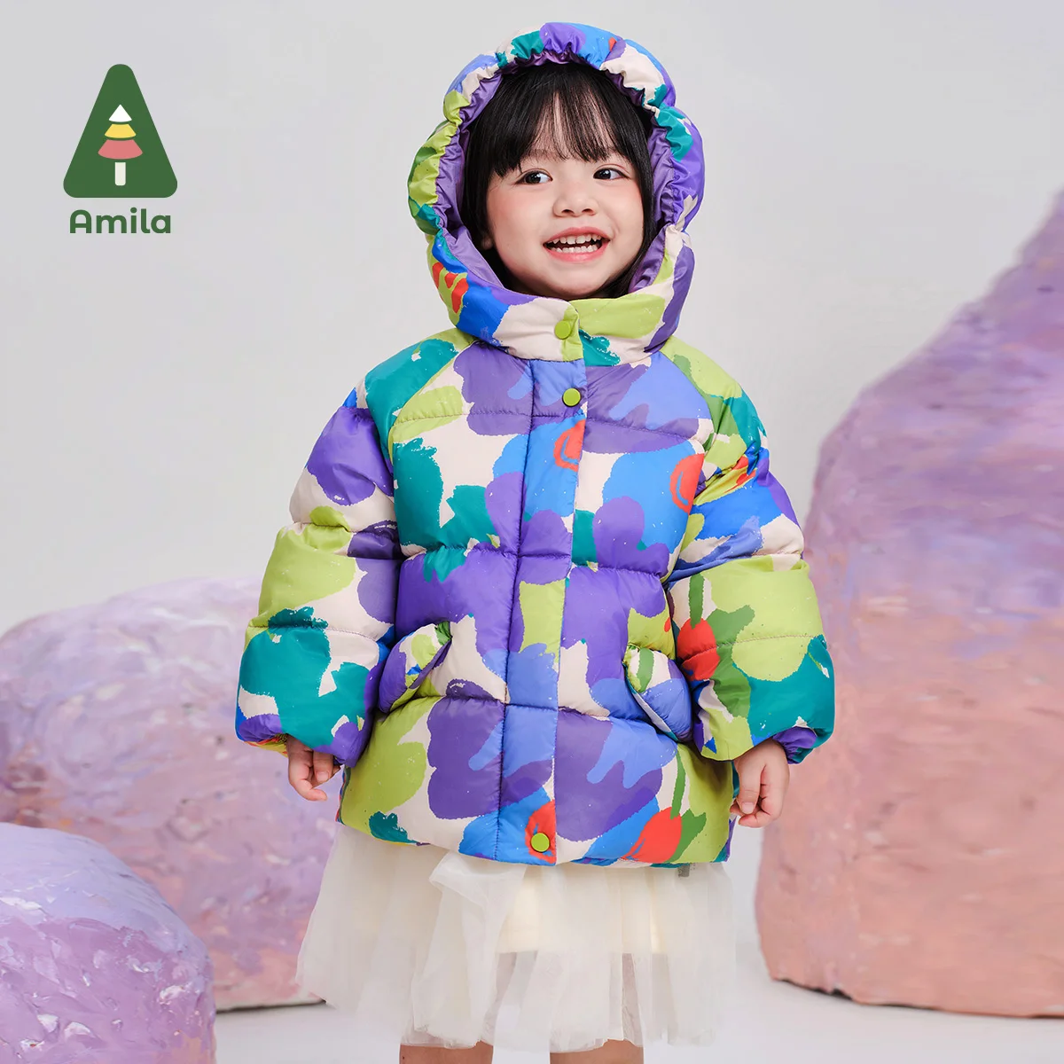 Amila Baby Down Jacket 2024 Winter New High Quality Girls Hooded Graffiti White Duck Down Warm Loose Casual Children‘s Jacket