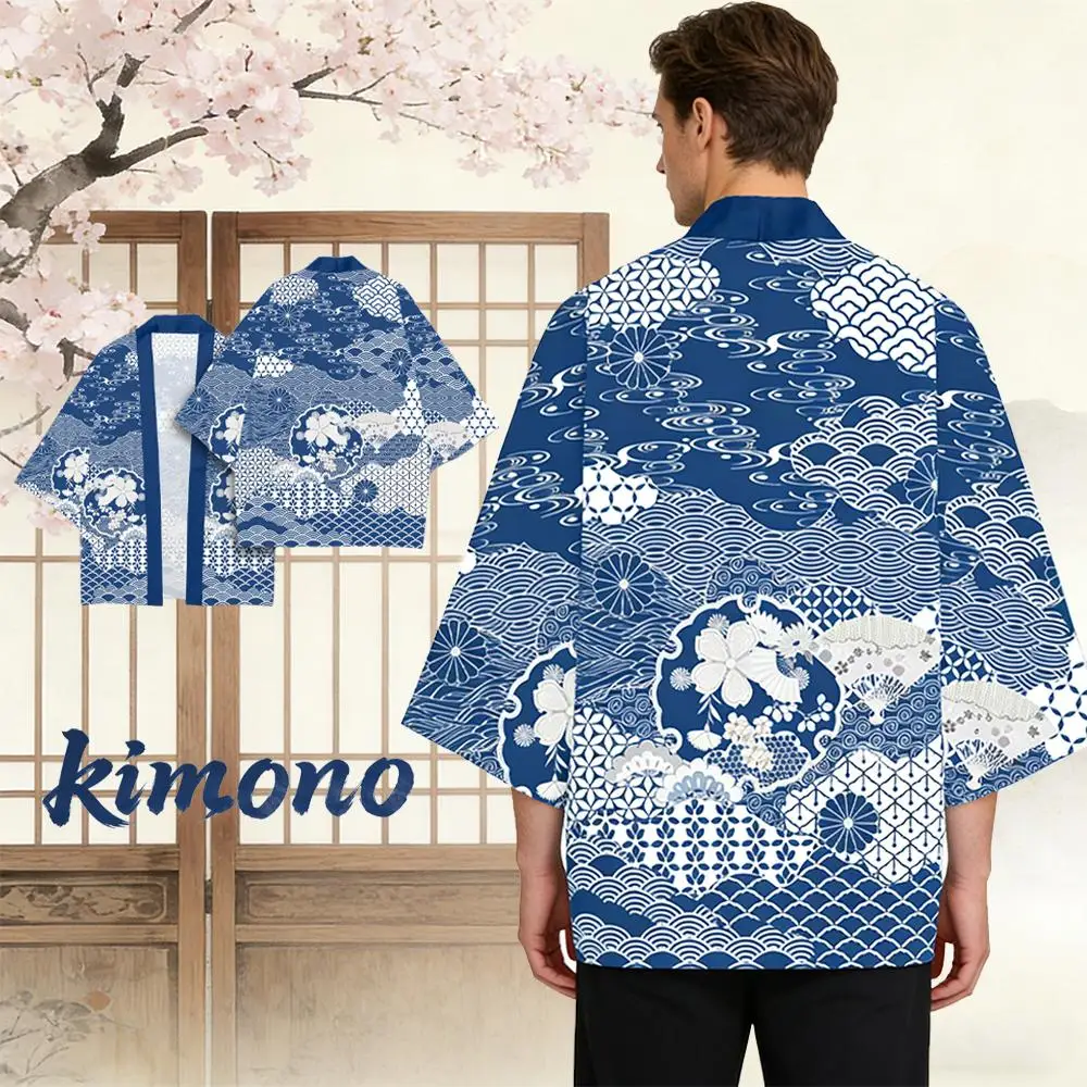 Traditional Wave & Floral Patterns Kimono Vintage Indigo Blue Japanese Style Clothes Unisex Loose Comfortable Casual Cardigan