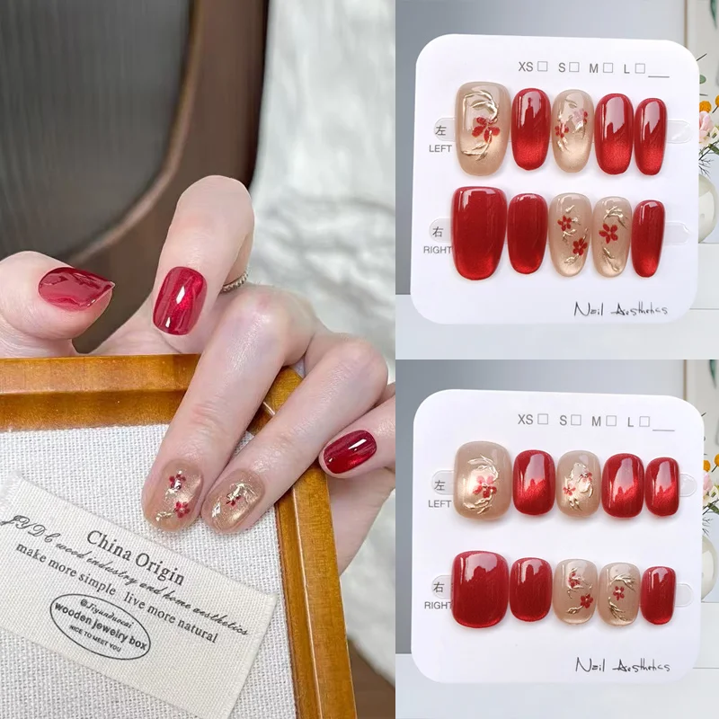10 Stück rote Katzenaugen im französischen Stil, vergoldete Pfirsichblüte, sanfte und elegante künstliche Nägel, Temperament, zum Aufdrücken der Nägel, Nagelaufkleber