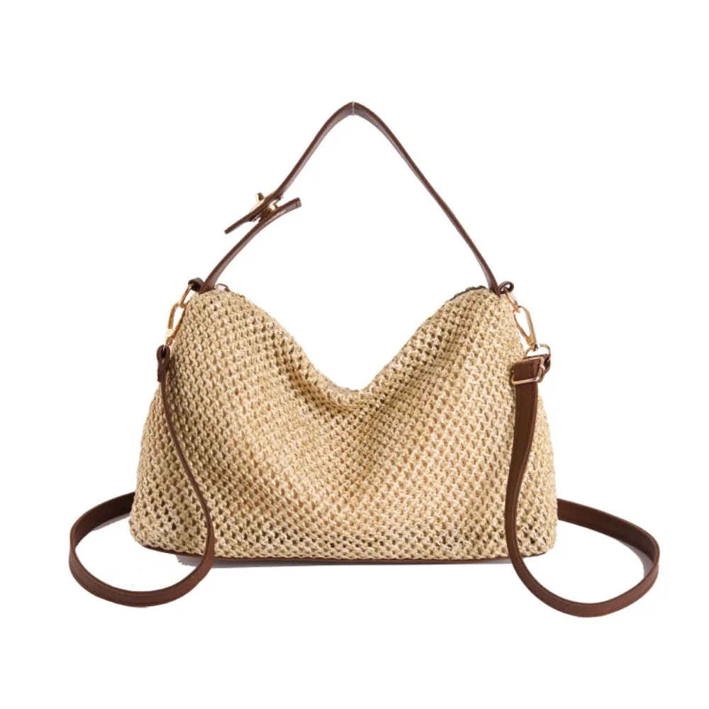 

Trendy Large Capacity Straw Crossbody Bag Grass PU Leather Buckle Hobo Shoulder Bag PU Fashion Summer Beach Bag Outdoor