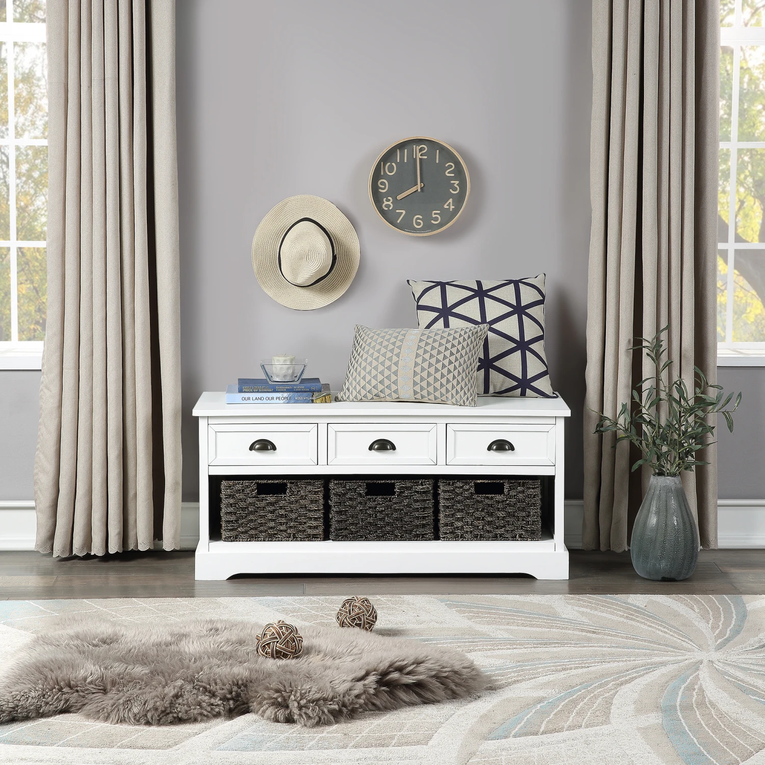 

U_STYLE Homes Collection Wood Storage Bench with 3 Drawers and 3 Woven Baskets (As same As WF189496AAK)