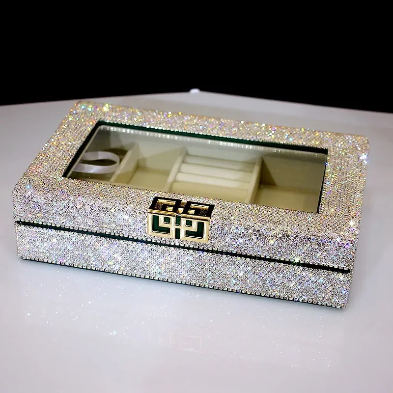 

Luxury Rhinestone Jewelry Box Sparkling Diamond Jewelry Case Organizer Ring Earrings Necklaces Storage Case Box Display Holder
