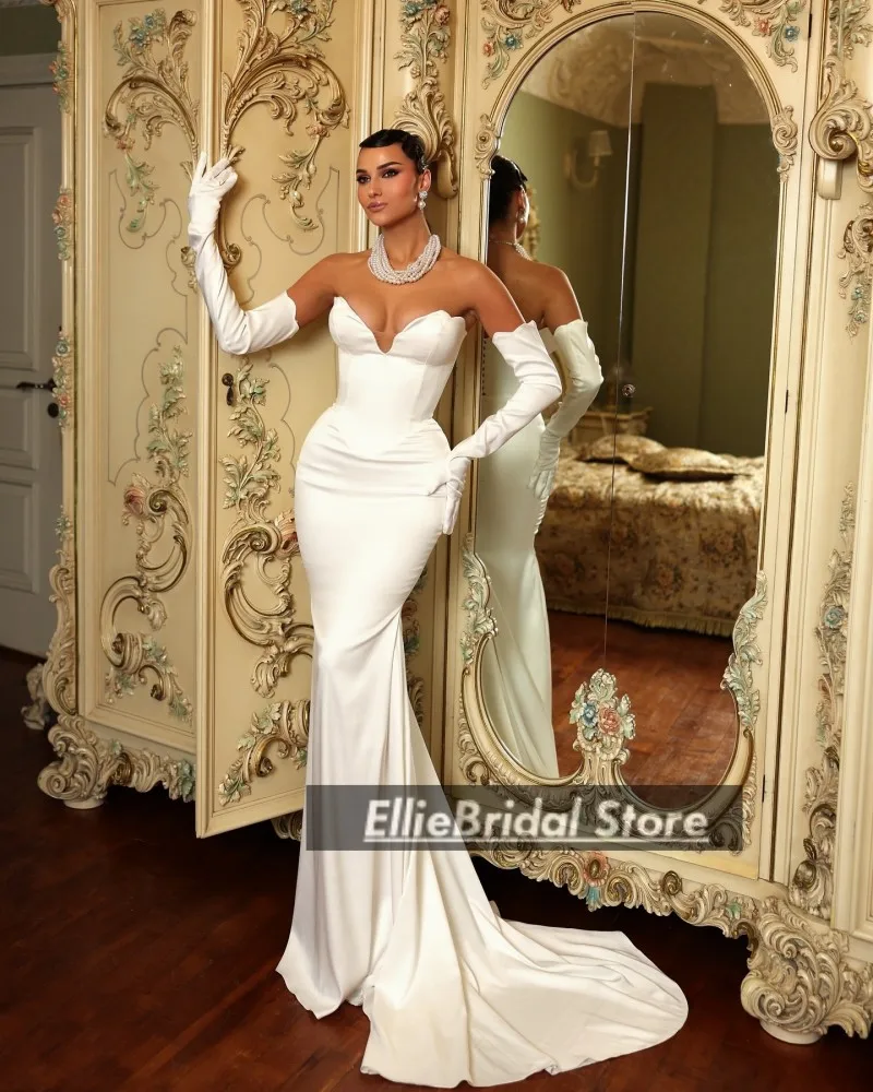 فساتين زفاف حورية البحر الرسمية مع قفازات على شكل قلب من الساتان حورية البحر فساتين زفاف بسيطة من فيستدوس دي نوفيا حسب الطلب