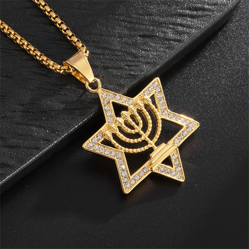 الهيب هوب مثلج خارج نجمة داود قلادة الذكور الذهب اللون الفولاذ المقاوم للصدأ الشمعدان قلادة للرجال اليهودية مجوهرات الحفلات هدية #4