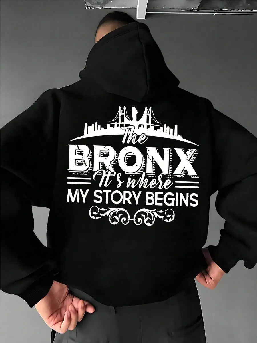 Men's Hooded Sweatshirt With The Bronx City Skyline Text Print On The Back, Loose-Fit Pullover For Autumn And Winter